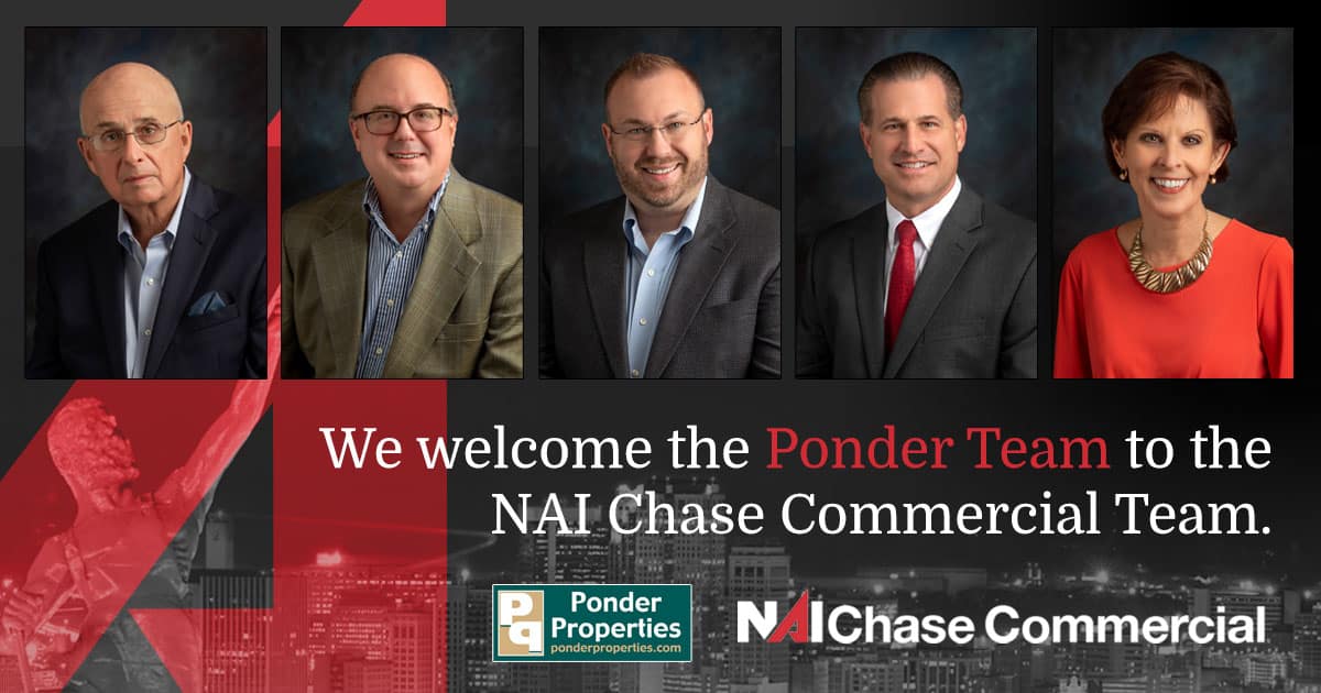 Five headshots of the members of the Ponder Team on a poster that says "We welcome the Ponder Team to the NAI Chase Commercial Team."